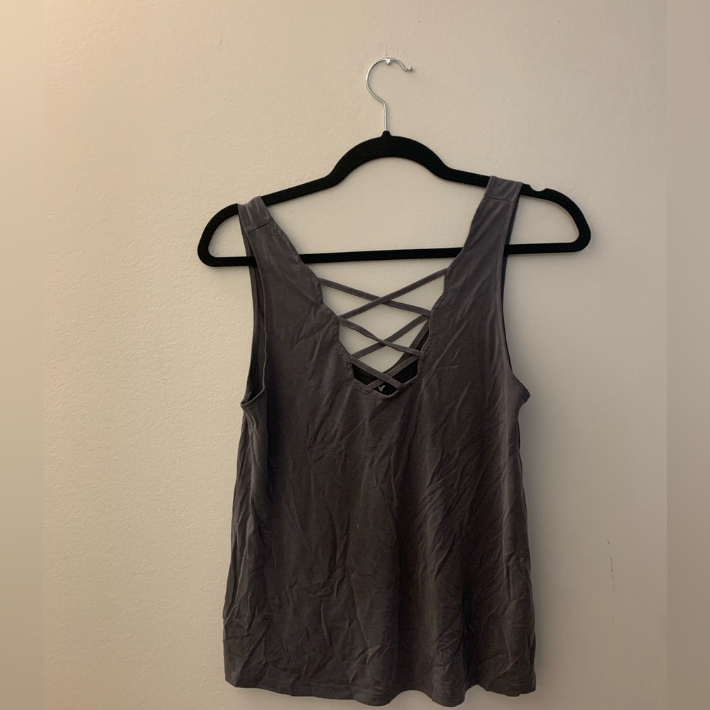 american eagle gray tank top with cross cross neckline